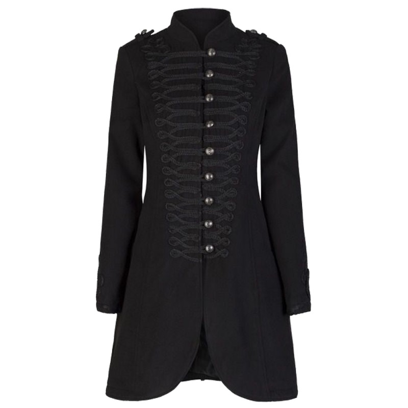 Women Military Style Coat Black Wool Victorian Style Braided Effect Coat